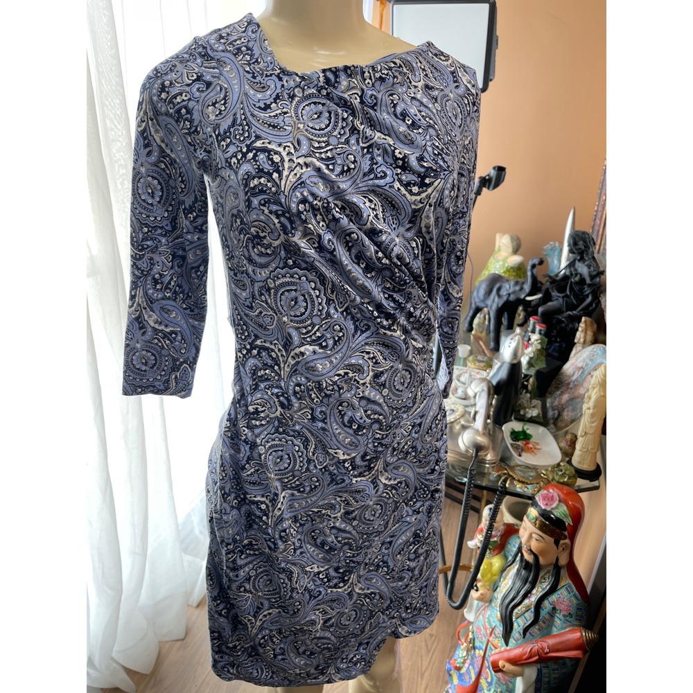Talbots Petites Blue Paisley Sheath Dress Faux Wrap Side Ruched Size SP